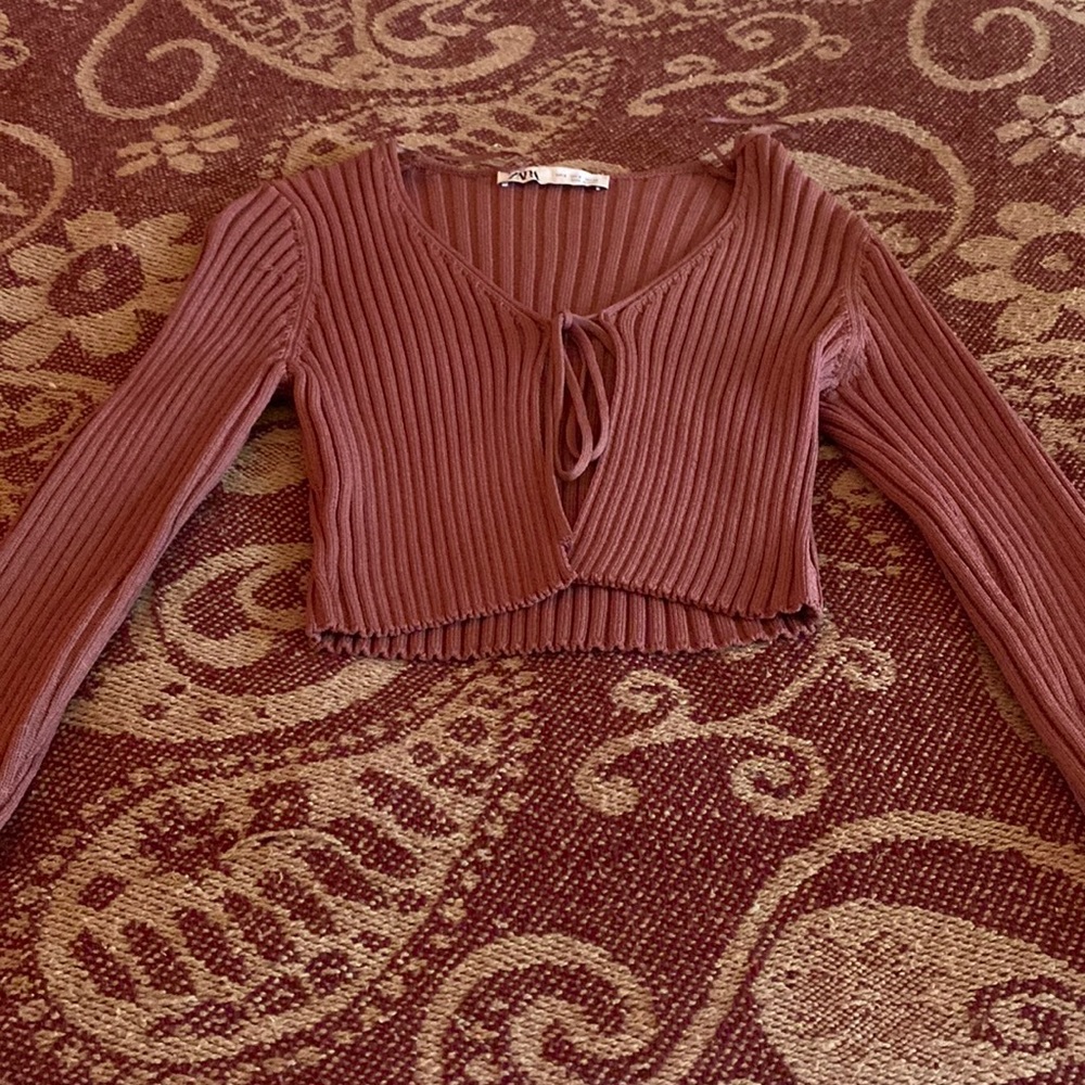 ZARA mauve ribbed tie top